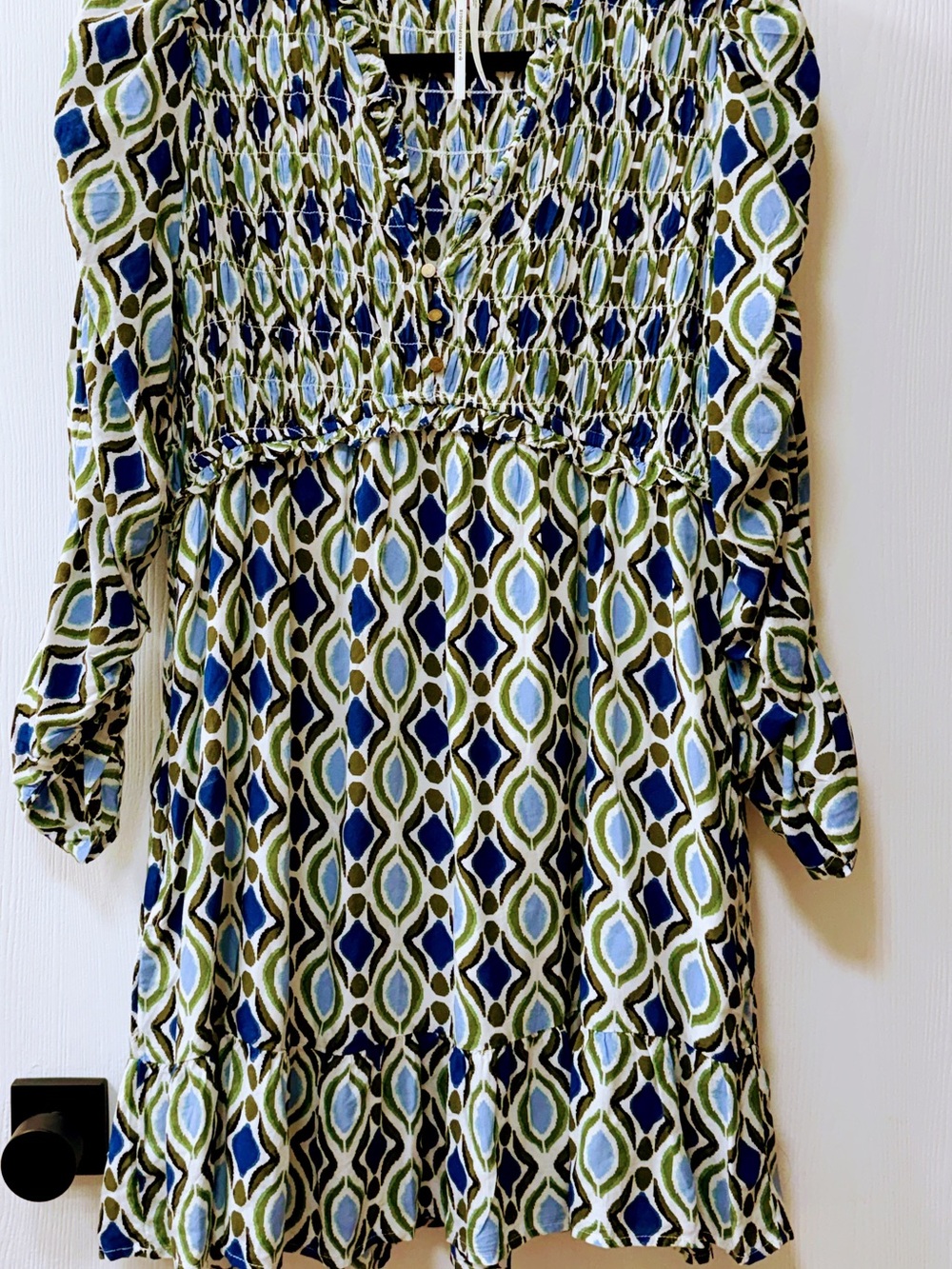 Anthropologie Blue & Green Geometric Smocked woman dress
